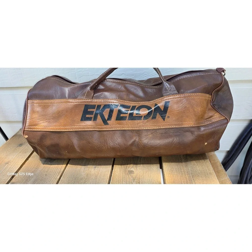 Vintage Ektelon Racquetball Duffel Bag Brown FauxLeather Gym Travel Luggage 22in